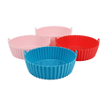 Set of three colorful silicone bread baking molds on a white background