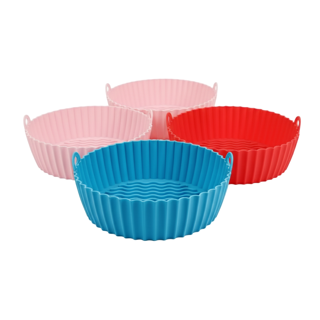 Set of three colorful silicone bread baking molds on a white background