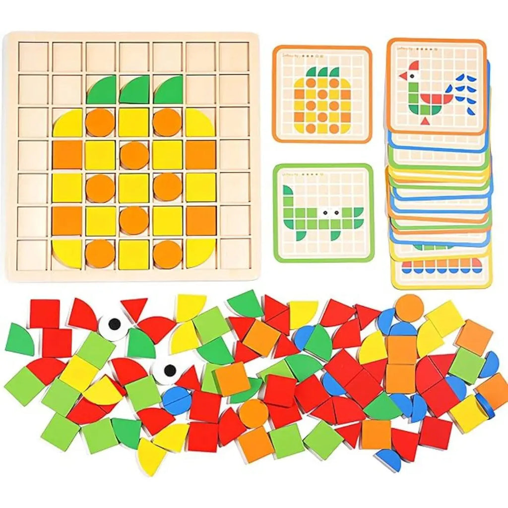 120-Piece Wooden Mosaic Puzzle | Geometric Pattern Blocks with Challenge Cards