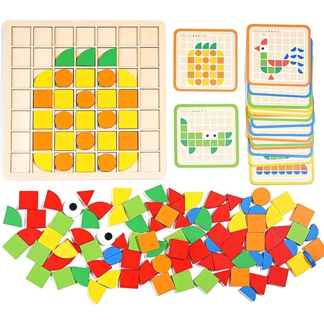 120-Piece Wooden Mosaic Puzzle | Geometric Pattern Blocks with Challenge Cards