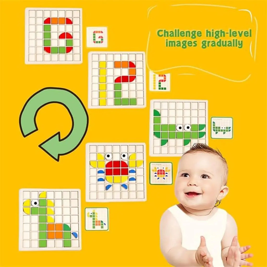120-Piece Wooden Mosaic Puzzle | Geometric Pattern Blocks with Challenge Cards