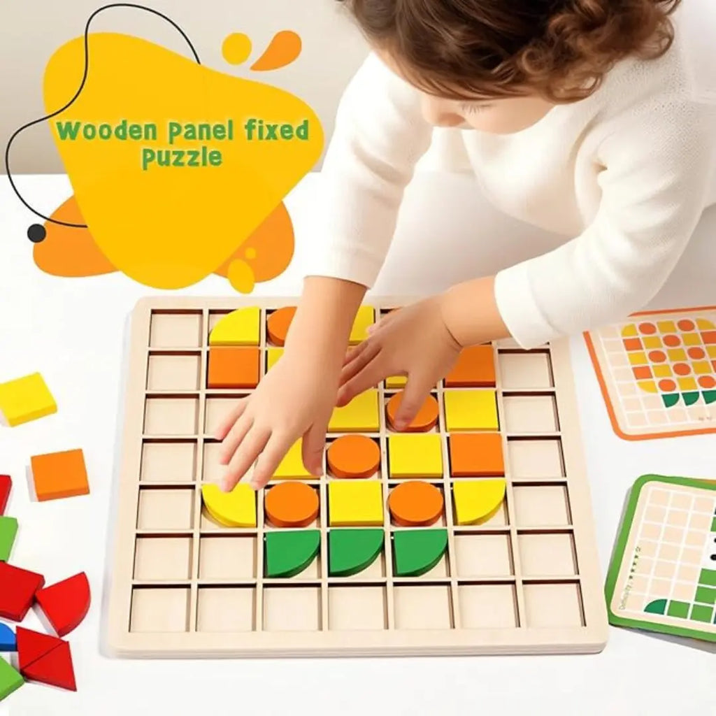 120-Piece Wooden Mosaic Puzzle | Geometric Pattern Blocks with Challenge Cards