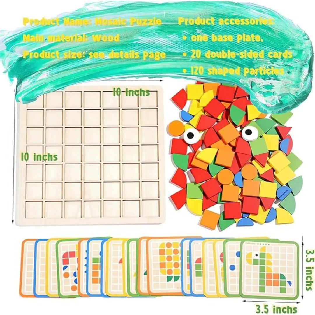 120-Piece Wooden Mosaic Puzzle | Geometric Pattern Blocks with Challenge Cards