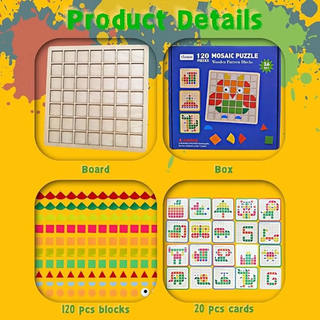 120-Piece Wooden Mosaic Puzzle | Geometric Pattern Blocks with Challenge Cards